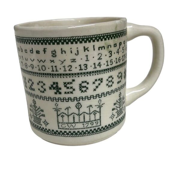Vintage White Green Sampler Mug USA Crafter Needlepoint Cross Stitch Coffee Mug - Picture 1 of 8